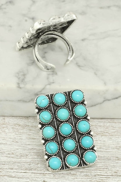 Western Bubble Rectangle Stretch Rings - Silver or Turquoise