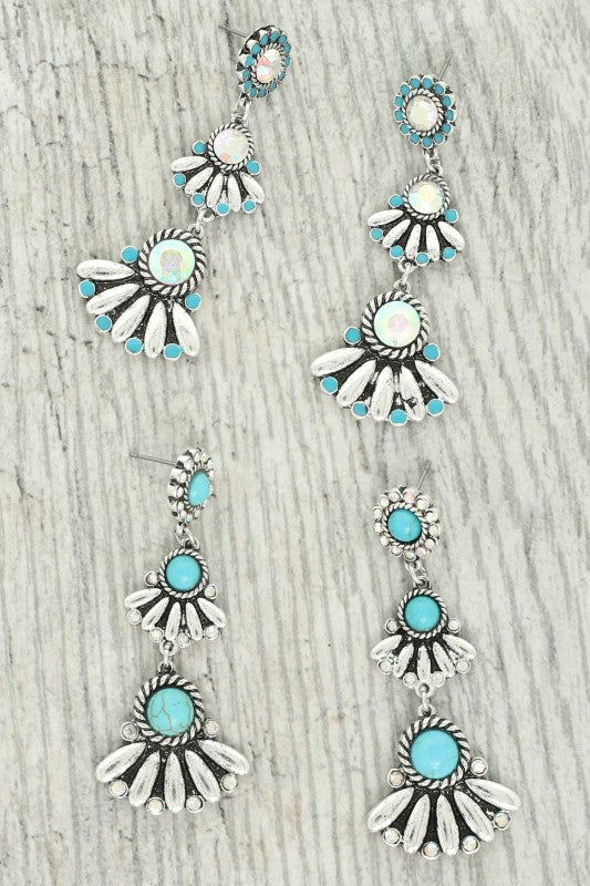 Western Jeweled Dangle Earrings - Silver or Turquoise