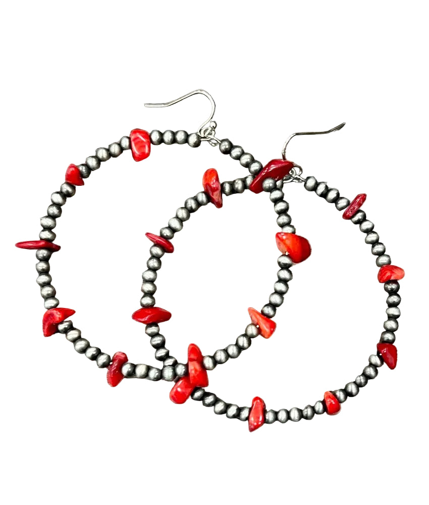 Western Bead Coral Red Chip Hoop Earrings