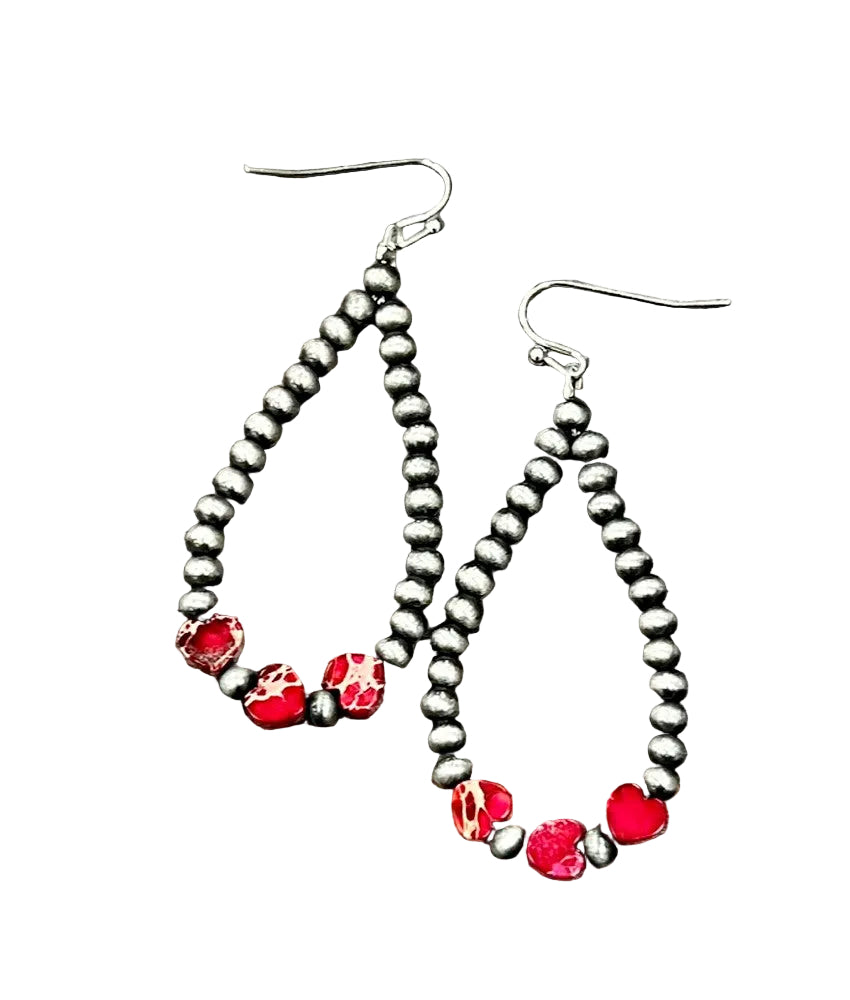Western Heart Red GemStone Bead Drop Earrings