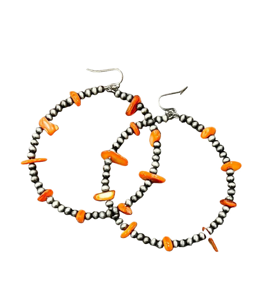 Western Bead Coral Oyster Chip Hoop Earrings