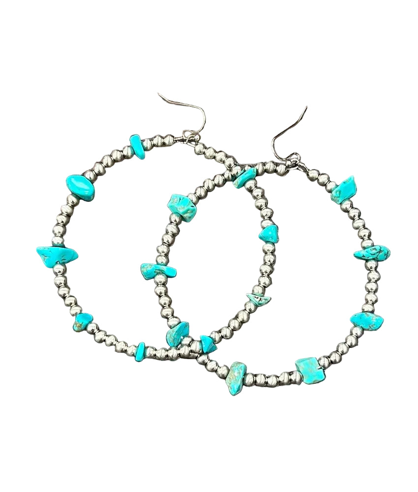 Western Silver Bead Turquoise Chip Hoop Earrings