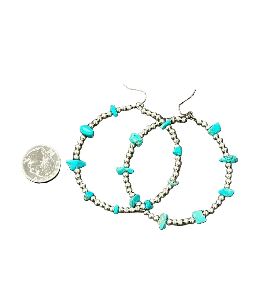 Western Silver Bead Turquoise Chip Hoop Earrings
