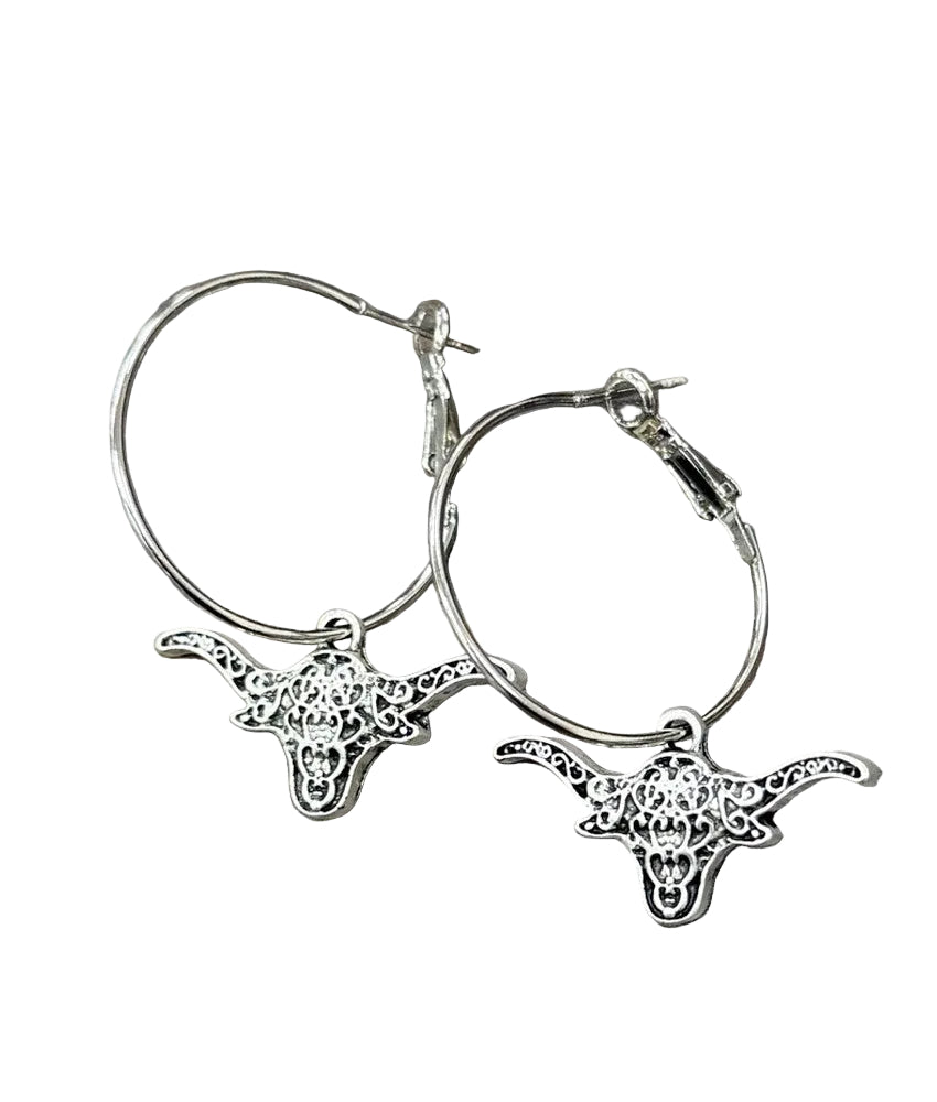 Western Longhorn Drop Hoop Earrings Silver