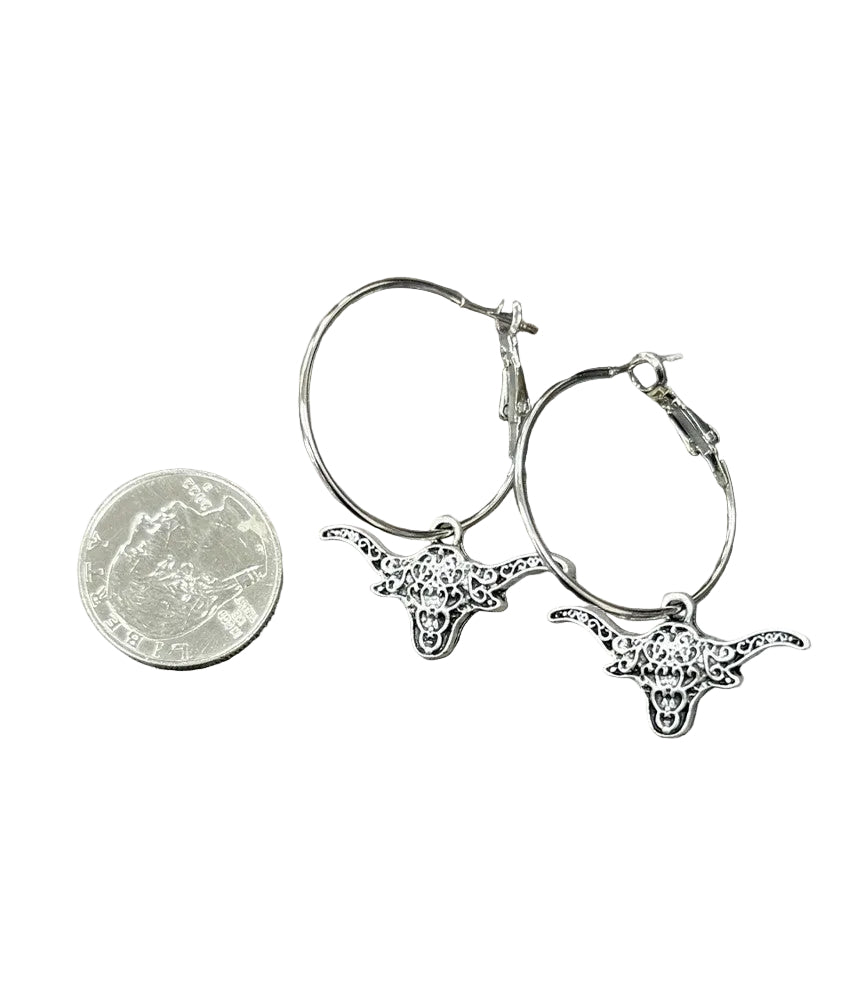 Western Longhorn Drop Hoop Earrings Silver