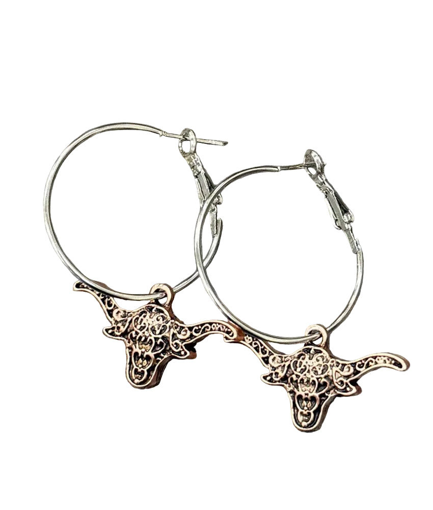 Western Longhorn Drop Hoop Earrings Copper