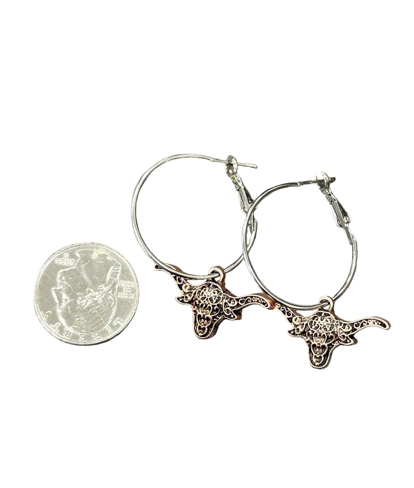 Western Longhorn Drop Hoop Earrings Copper