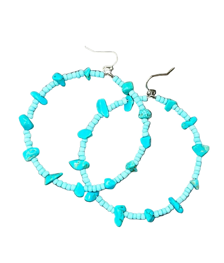 Western Turquoise Bead Chip Hoop Earrings