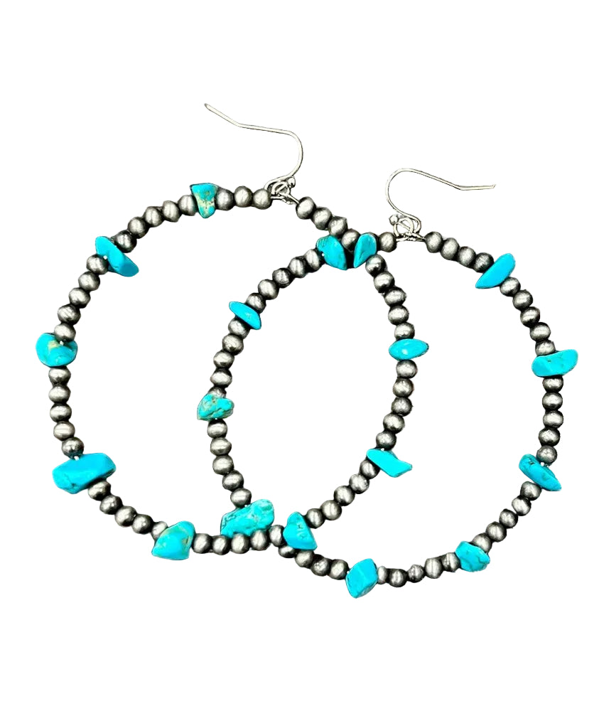 Western Bead Turquoise Chip Hoop Earrings