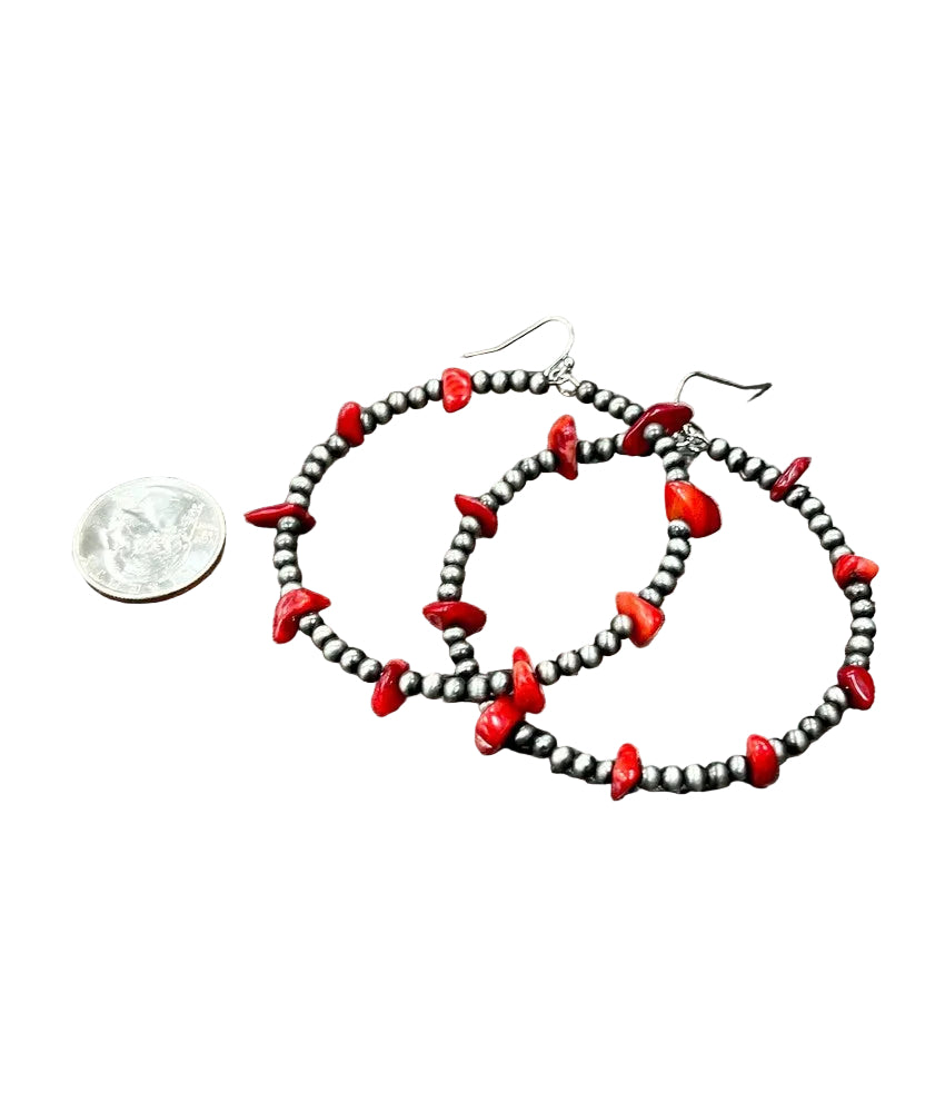 Western Bead Coral Red Chip Hoop Earrings