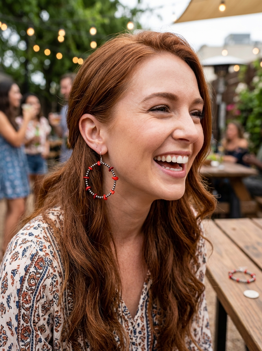 Western Bead Coral Red Chip Hoop Earrings