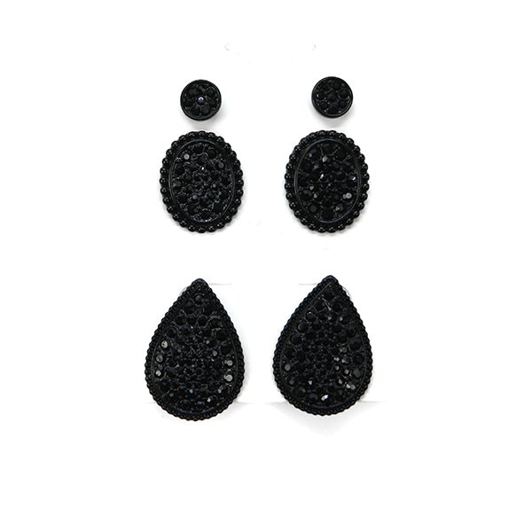 Oh So Cute Set of 3 Pairs of Double Black Bling Earrings Free Shipping