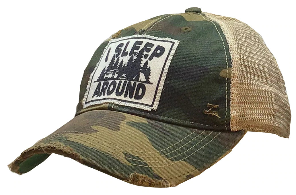 I Sleep Around Camping Trucker Hat Camo