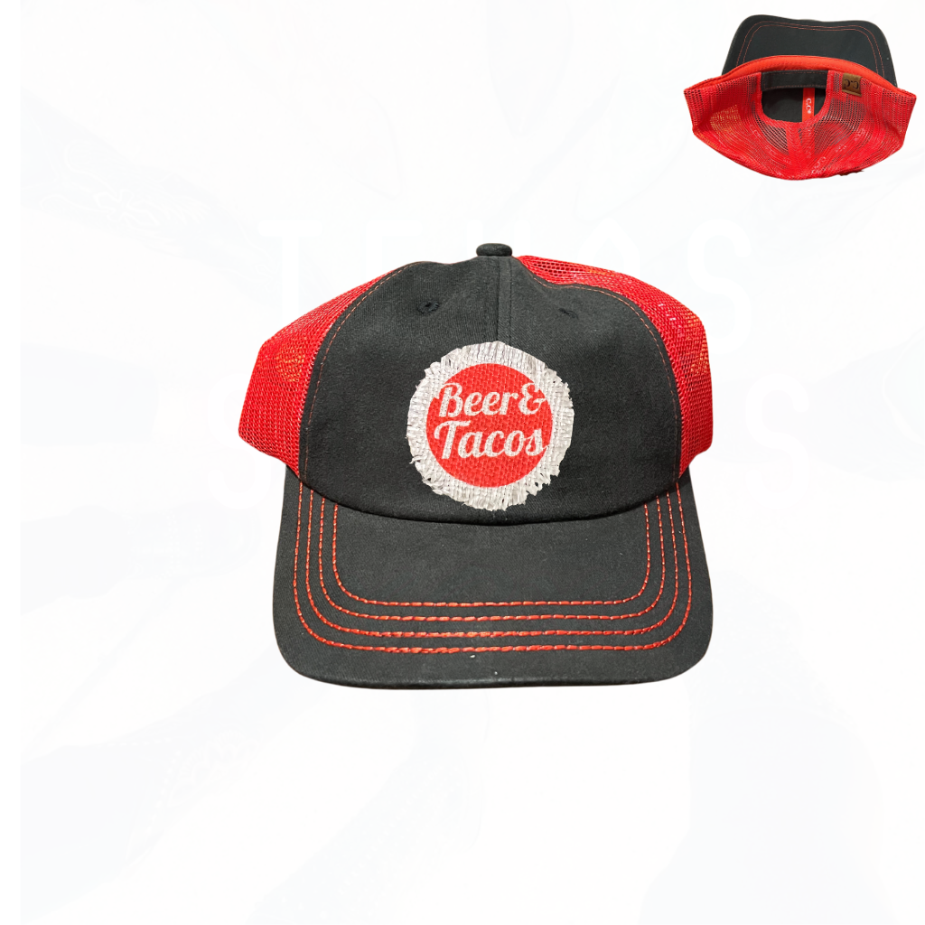 Beer & Tacos Hat - Black w/ Red Mesh CC  Cap