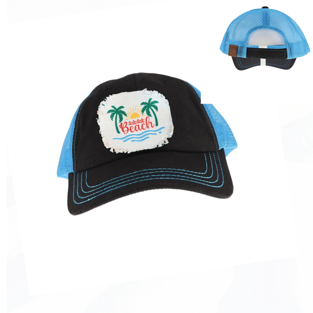 Beach Patch Hat - Black w/ Bright Sky Blue Mesh CC Cap