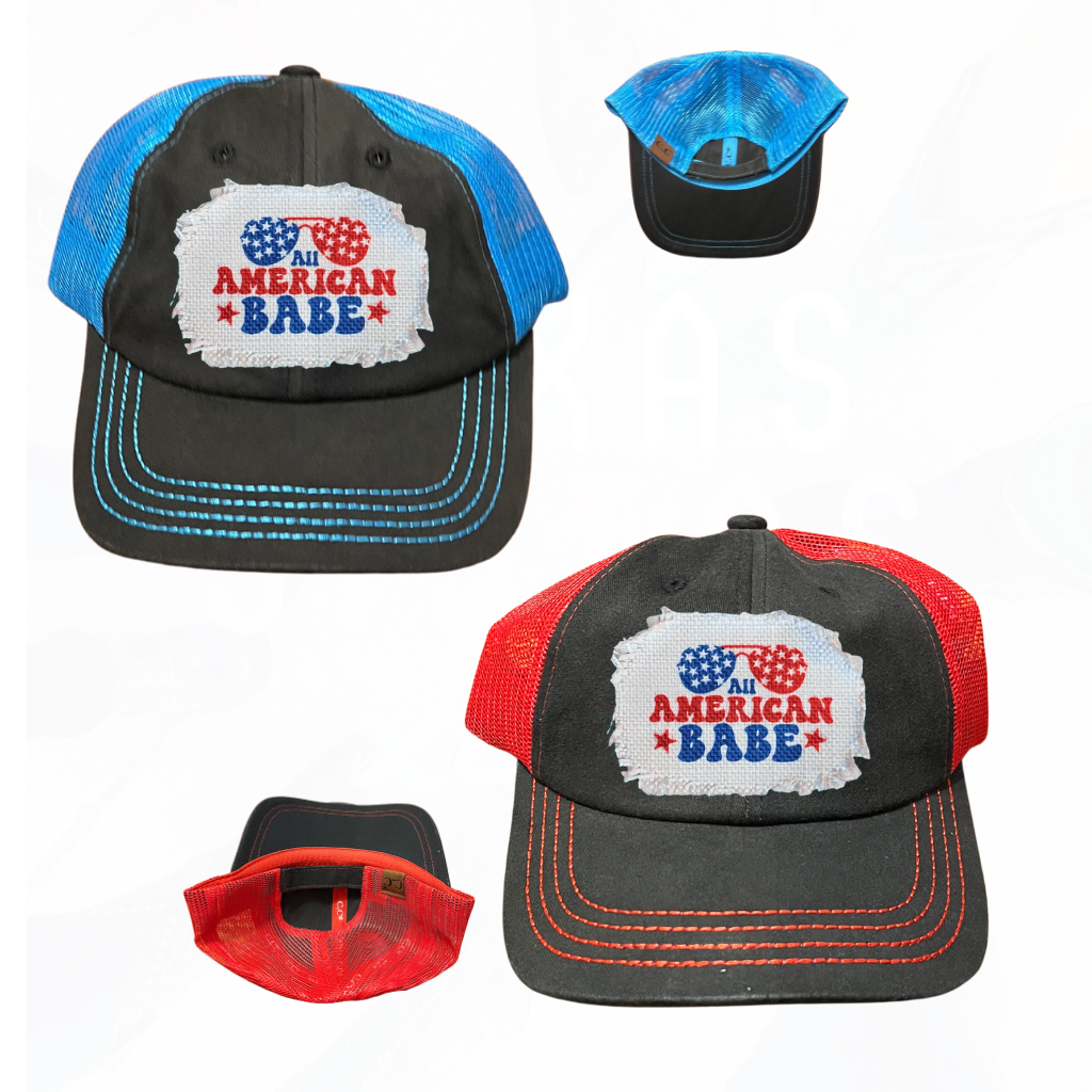 All American BABE Patch Sunglasses Hat - Black w/ Red or Blue Mesh CC Cap