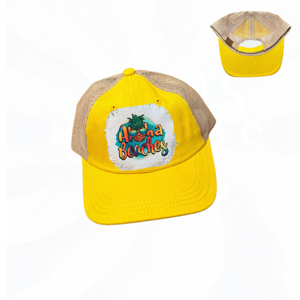 Aloha Beaches Patch Hat - Bright Yellow w/ Tan Mesh CC Cap