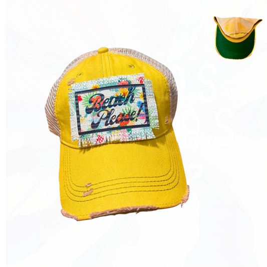 Beach Please Tropical Patch Hat - Bright Yellow w/ Tan Mesh