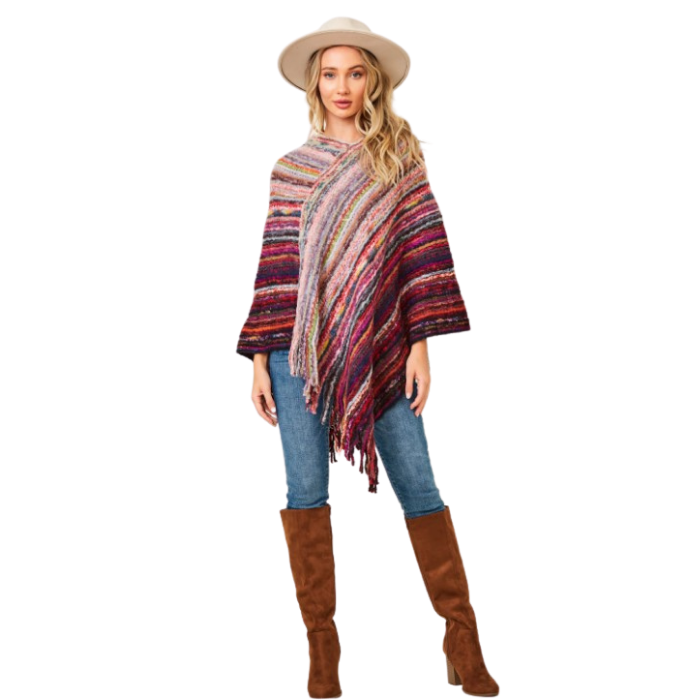 Multi-Color Fringe Knit Poncho Wine Valentines Fun