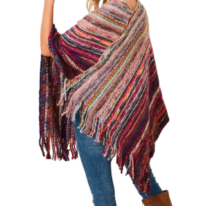 Multi-Color Fringe Knit Poncho Wine Valentines Fun