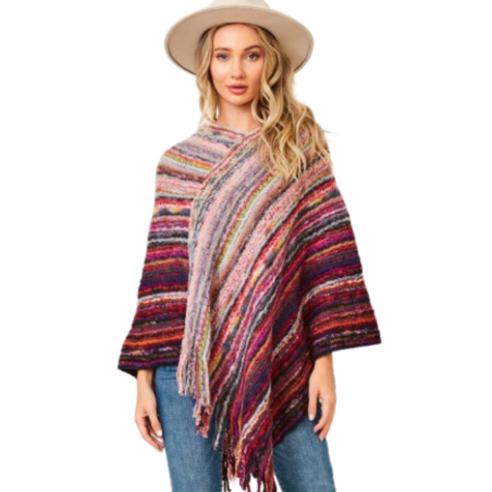 Multi-Color Fringe Knit Poncho Wine Valentines Fun