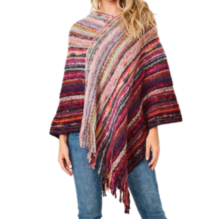 Multi-Color Fringe Knit Poncho Wine Valentines Fun