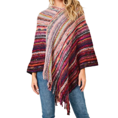 Multi-Color Fringe Knit Poncho Wine Valentines Fun