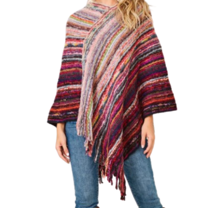 Multi-Color Fringe Knit Poncho Wine Valentines Fun