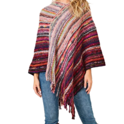 Multi-Color Fringe Knit Poncho Wine Valentines Fun