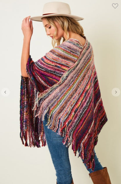 Multi-Color Fringe Knit Poncho Wine Valentines Fun