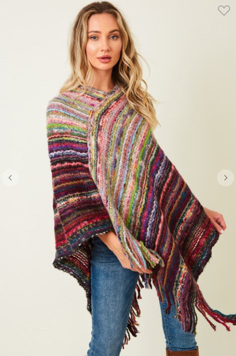Multi-Color Fringe Knit Poncho Wine Valentines Fun