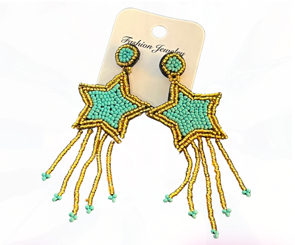 Turquoise Stars Seed Bead Fringe Earrings