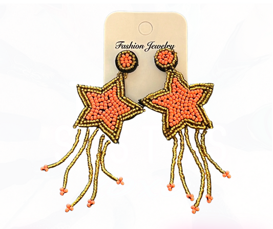 Coral Stars Seed Bead Fringe Earrings