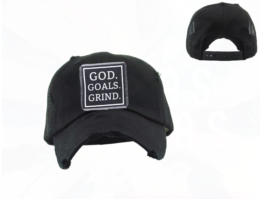 God Goals Grind Distressed Trucker Hat