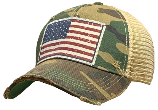 American Flag Distressed Camo Trucker Hat